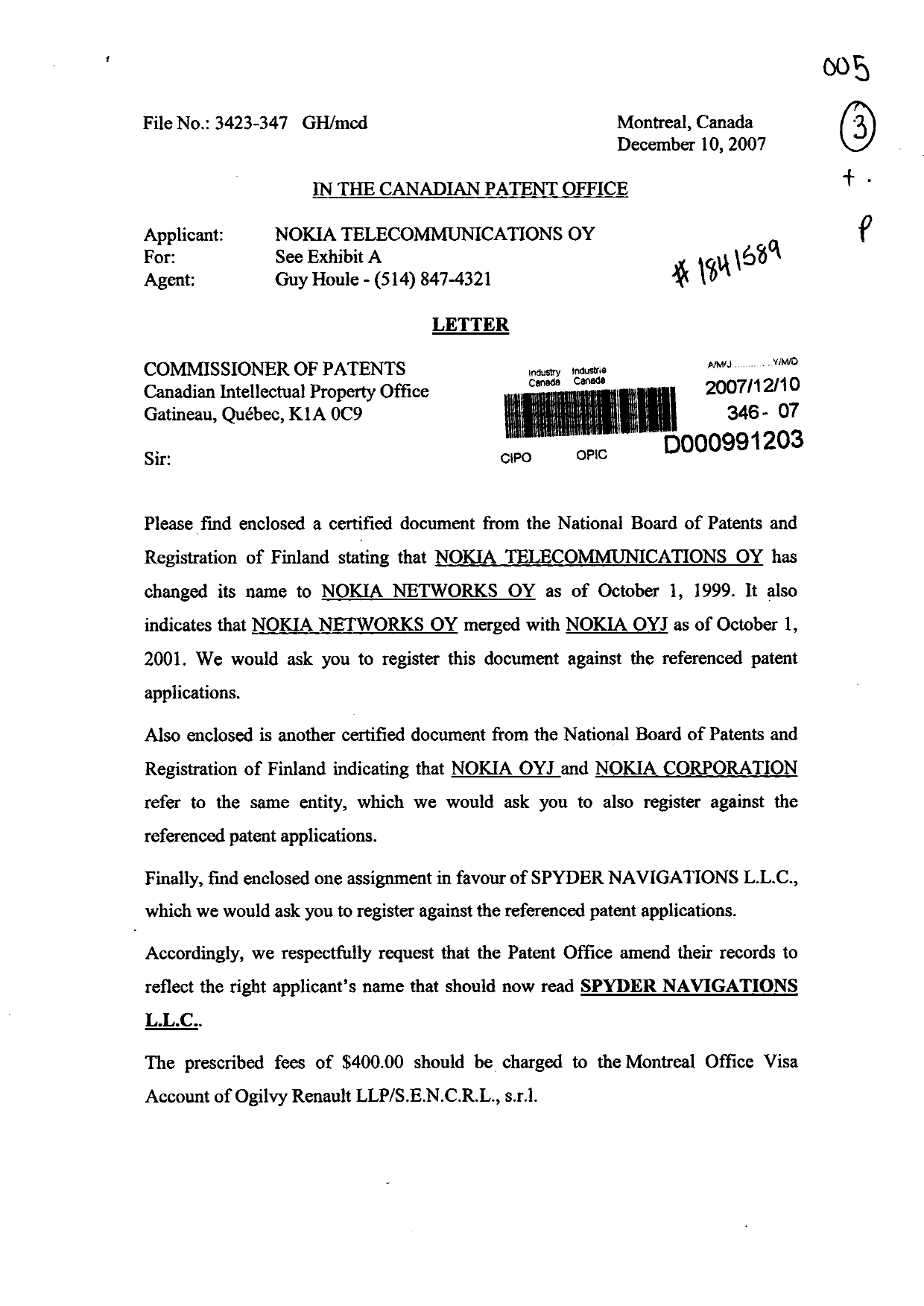 Document de brevet canadien 2207043. Cession 20071210. Image 1 de 9
