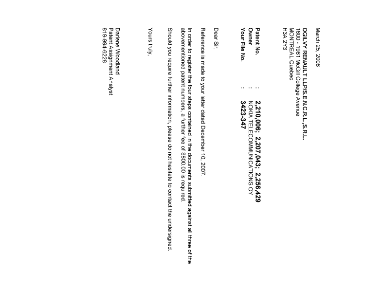 Document de brevet canadien 2207043. Correspondance 20080325. Image 1 de 1