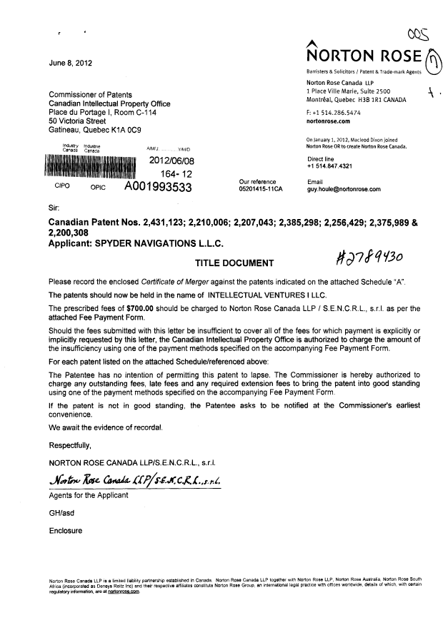 Document de brevet canadien 2207043. Cession 20120608. Image 1 de 4