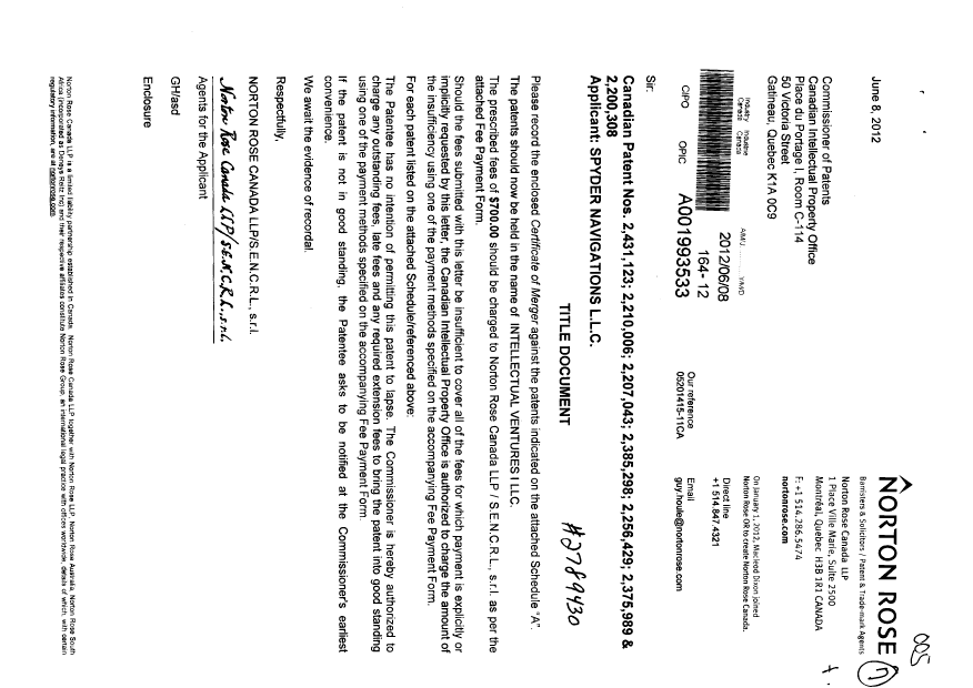 Canadian Patent Document 2207043. Assignment 20120608. Image 1 of 4
