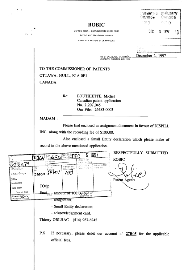 Document de brevet canadien 2207045. Correspondance 19971202. Image 1 de 2