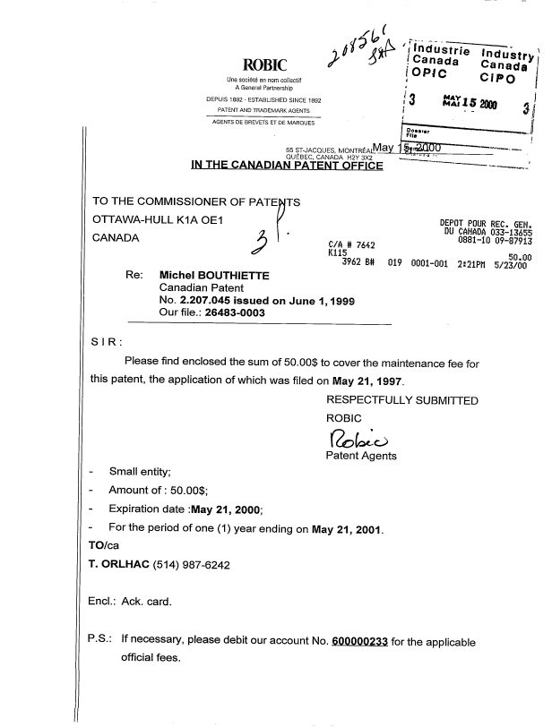 Document de brevet canadien 2207045. Taxes 20000515. Image 1 de 1