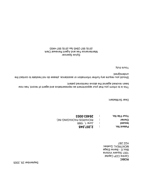 Canadian Patent Document 2207045. Correspondence 20041229. Image 1 of 1
