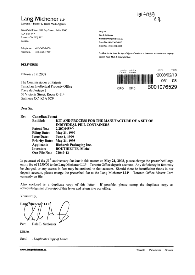 Document de brevet canadien 2207045. Taxes 20080219. Image 1 de 1