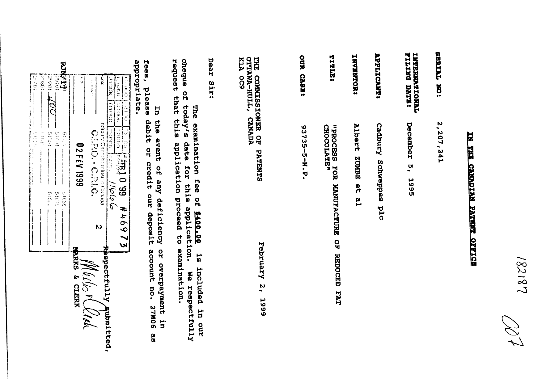 Canadian Patent Document 2207241. Prosecution-Amendment 19990202. Image 1 of 1