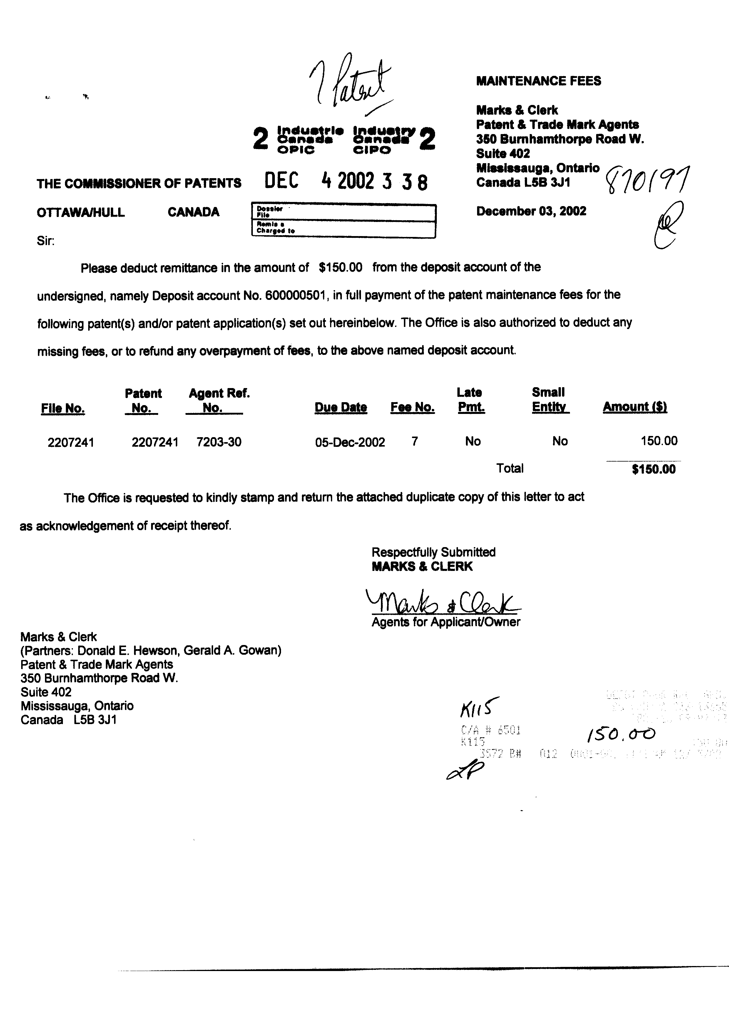 Canadian Patent Document 2207241. Fees 20021204. Image 1 of 1