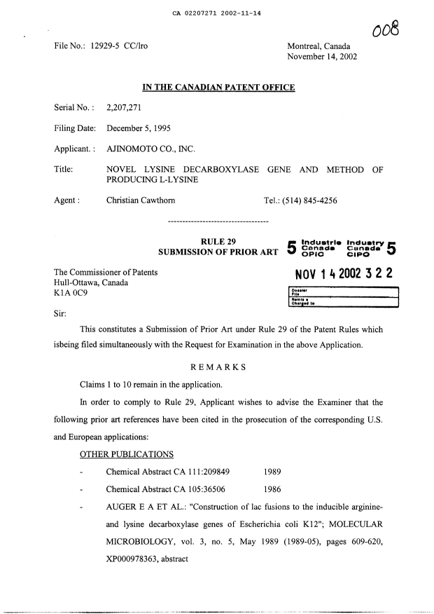 Canadian Patent Document 2207271. Prosecution-Amendment 20021114. Image 1 of 3