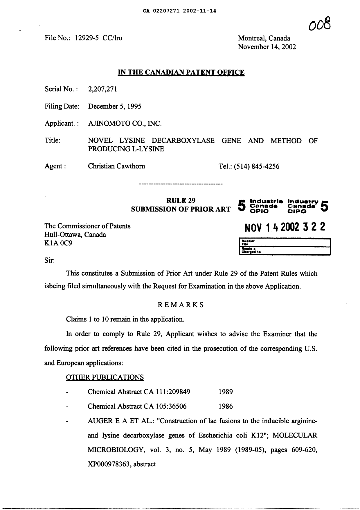 Document de brevet canadien 2207271. Poursuite-Amendment 20021114. Image 1 de 3