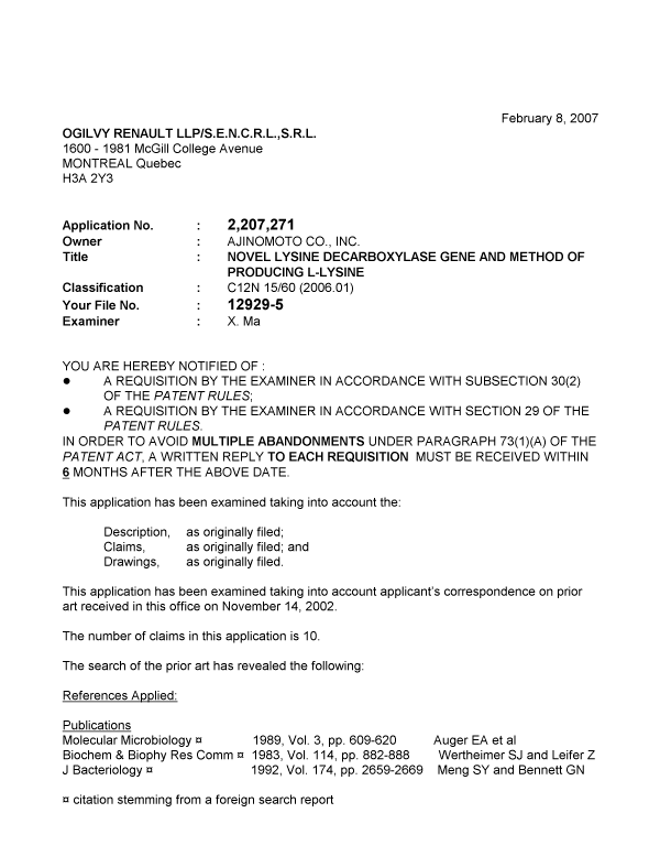 Canadian Patent Document 2207271. Prosecution-Amendment 20070208. Image 1 of 3