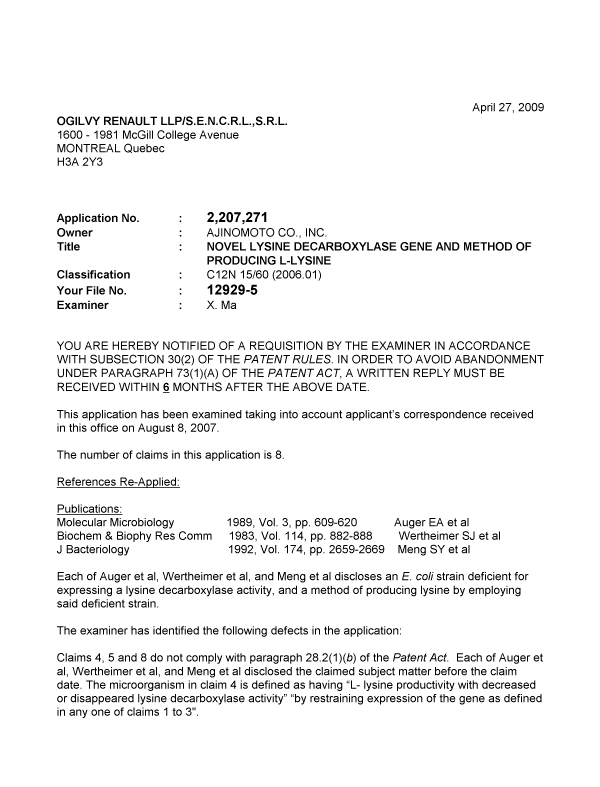 Canadian Patent Document 2207271. Prosecution-Amendment 20090427. Image 1 of 3