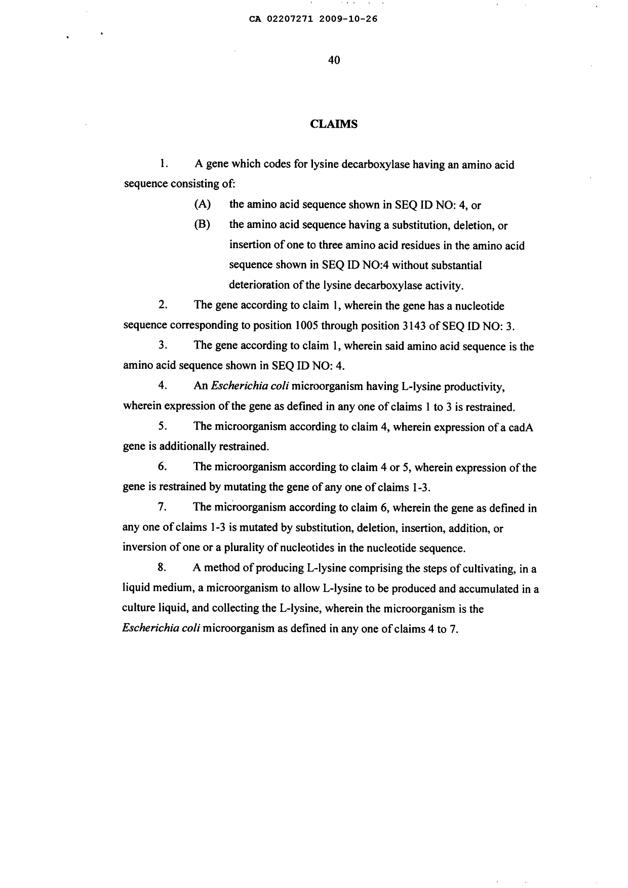 Document de brevet canadien 2207271. Revendications 20091026. Image 1 de 1