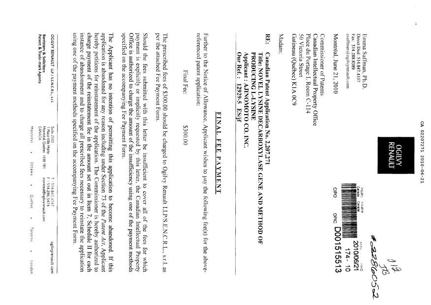 Document de brevet canadien 2207271. Correspondance 20100621. Image 1 de 2
