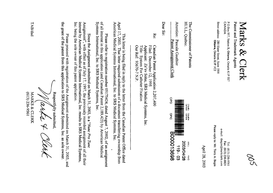 Document de brevet canadien 2207400. Cession 20030428. Image 1 de 1