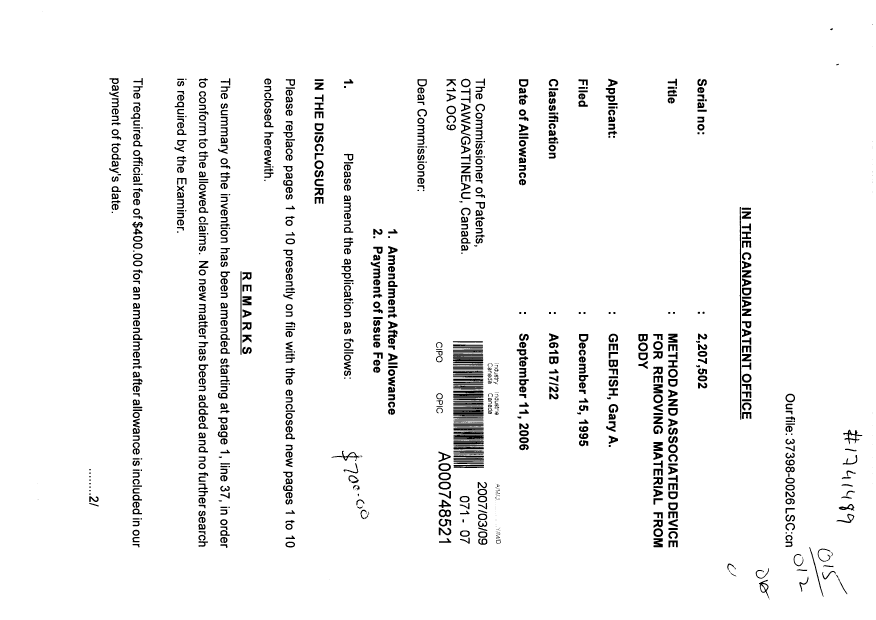 Canadian Patent Document 2207502. Correspondence 20070309. Image 1 of 2