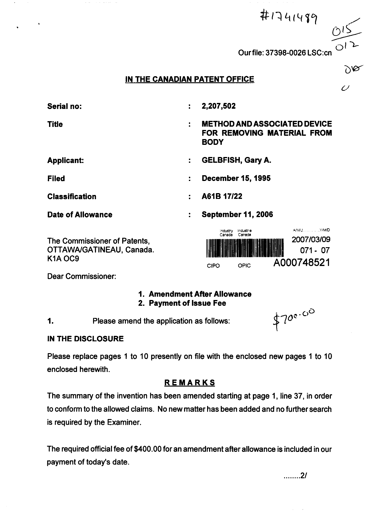 Document de brevet canadien 2207502. Correspondance 20070309. Image 1 de 2