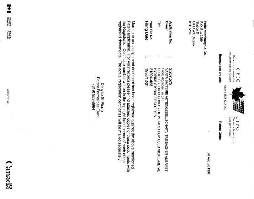 Document de brevet canadien 2207575. Correspondance 19970825. Image 1 de 1
