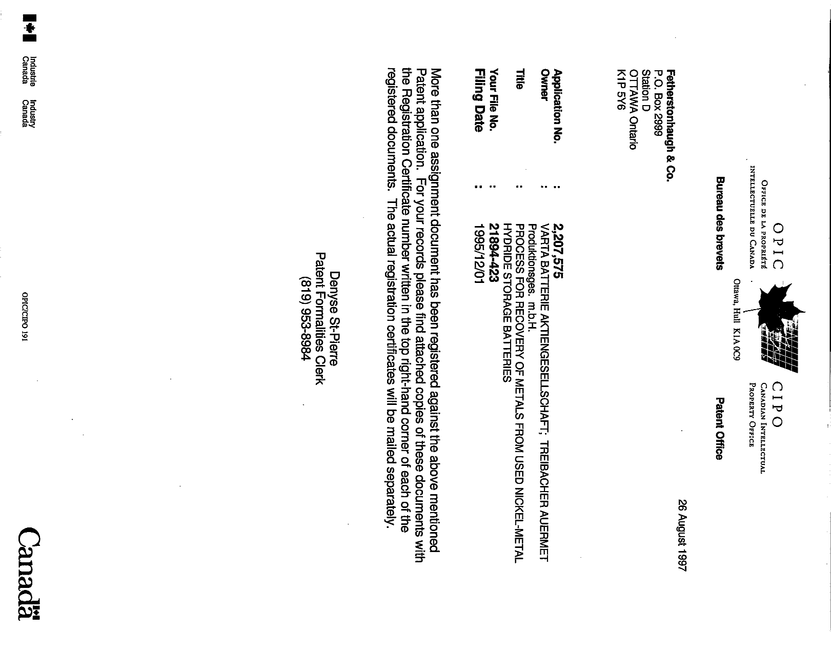 Canadian Patent Document 2207575. Correspondence 19970825. Image 1 of 1