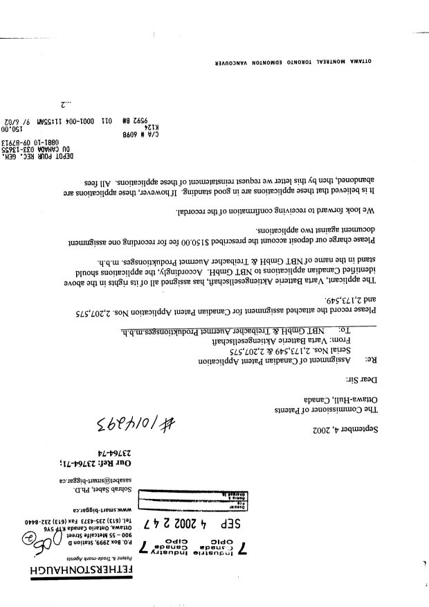Canadian Patent Document 2207575. Assignment 20020904. Image 1 of 3