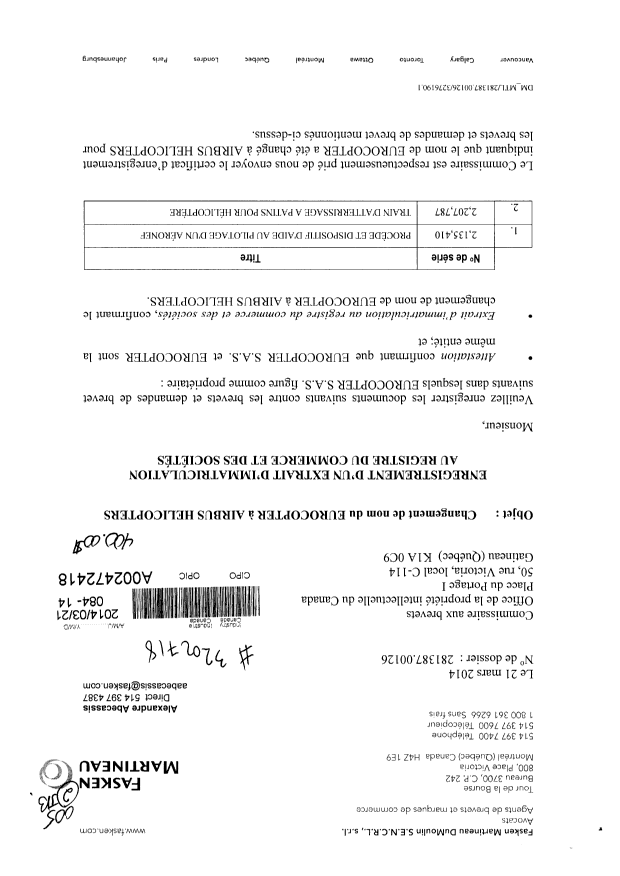 Canadian Patent Document 2207787. Assignment 20140321. Image 1 of 6