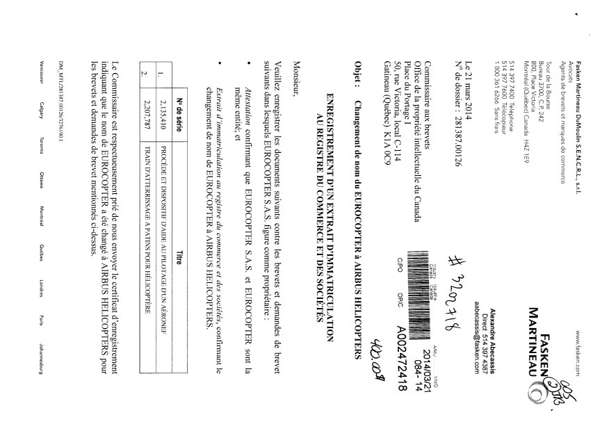 Document de brevet canadien 2207787. Cession 20140321. Image 1 de 6