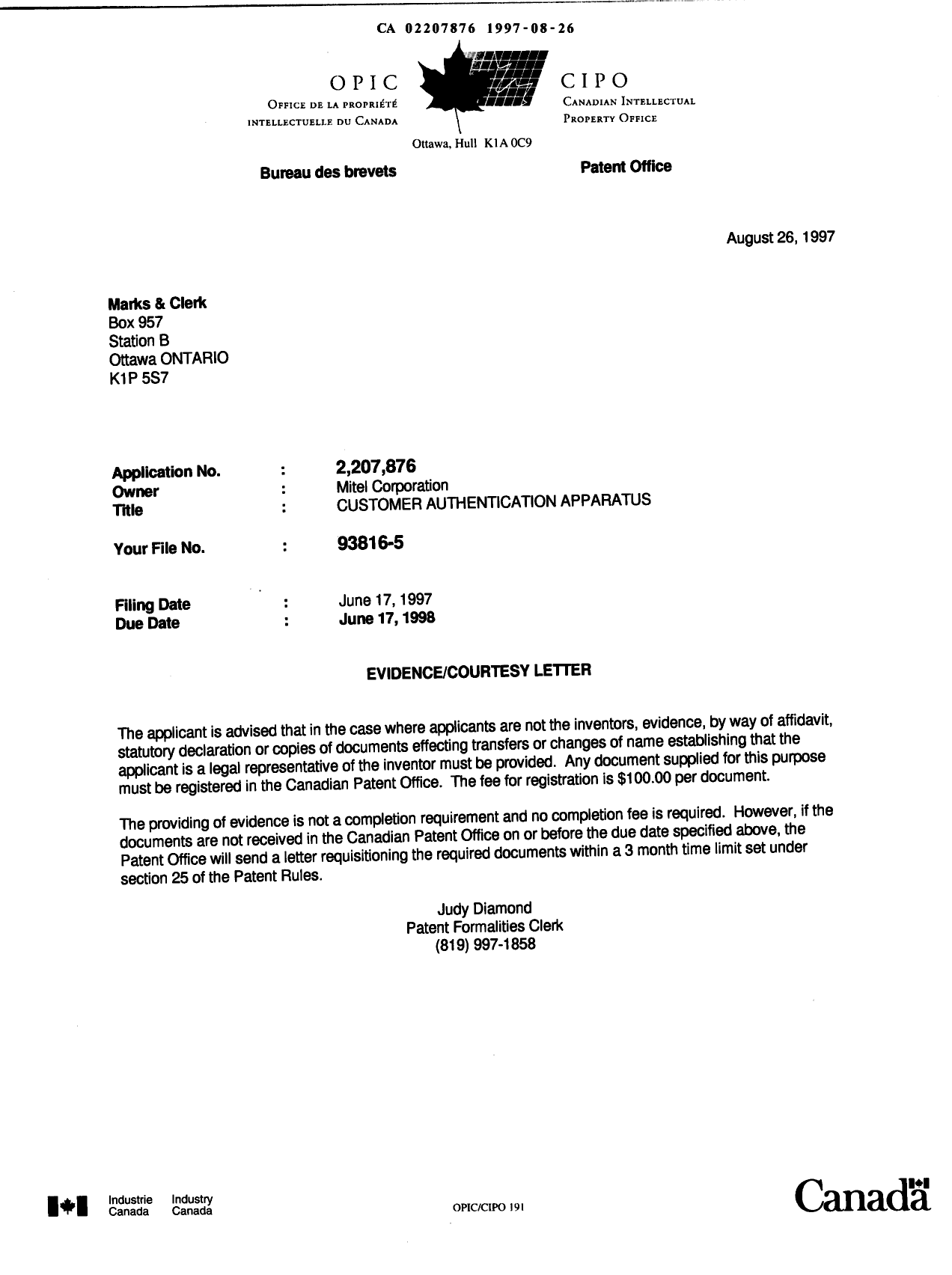 Canadian Patent Document 2207876. Correspondence 19970826. Image 1 of 1