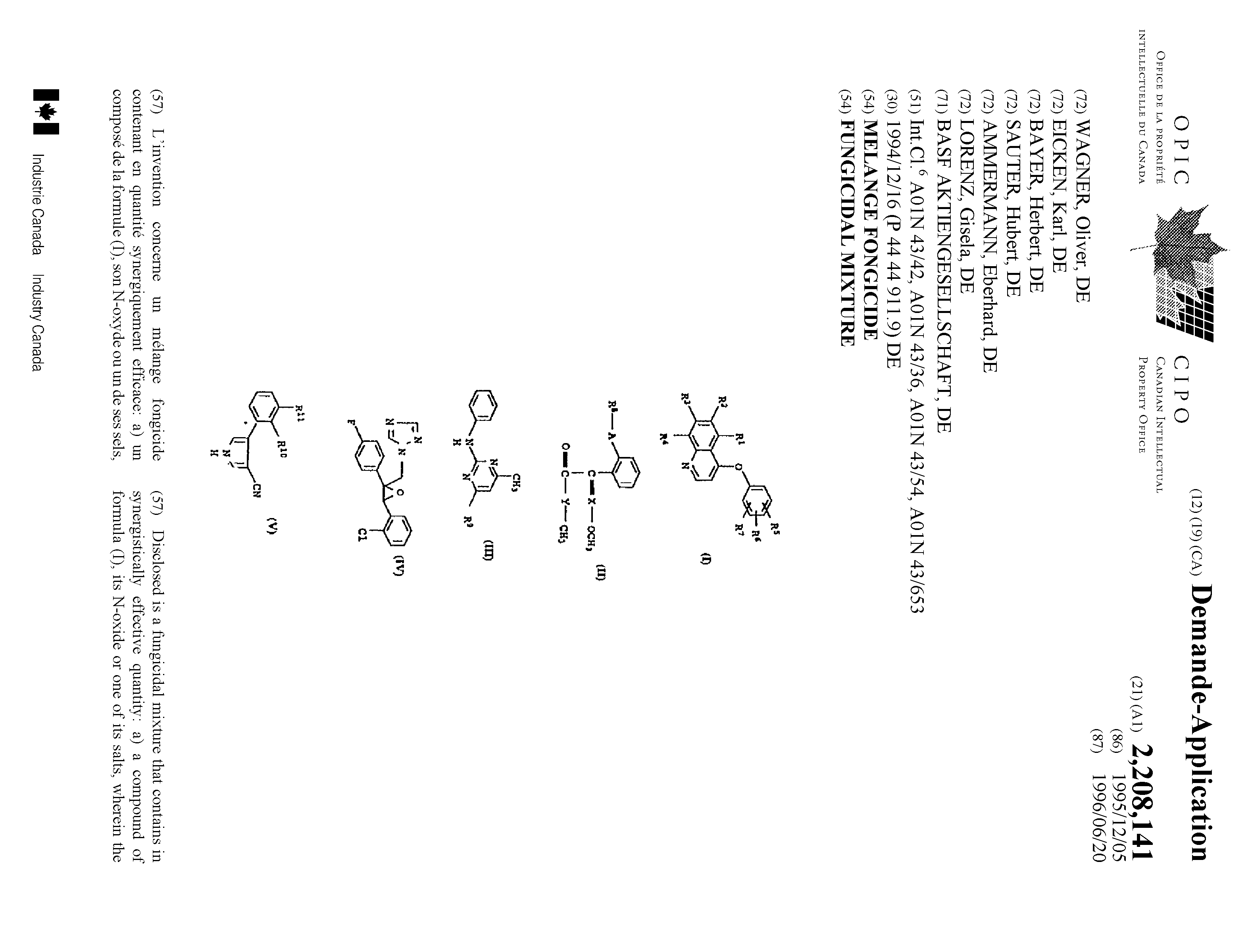 Canadian Patent Document 2208141. Cover Page 19970930. Image 1 of 2