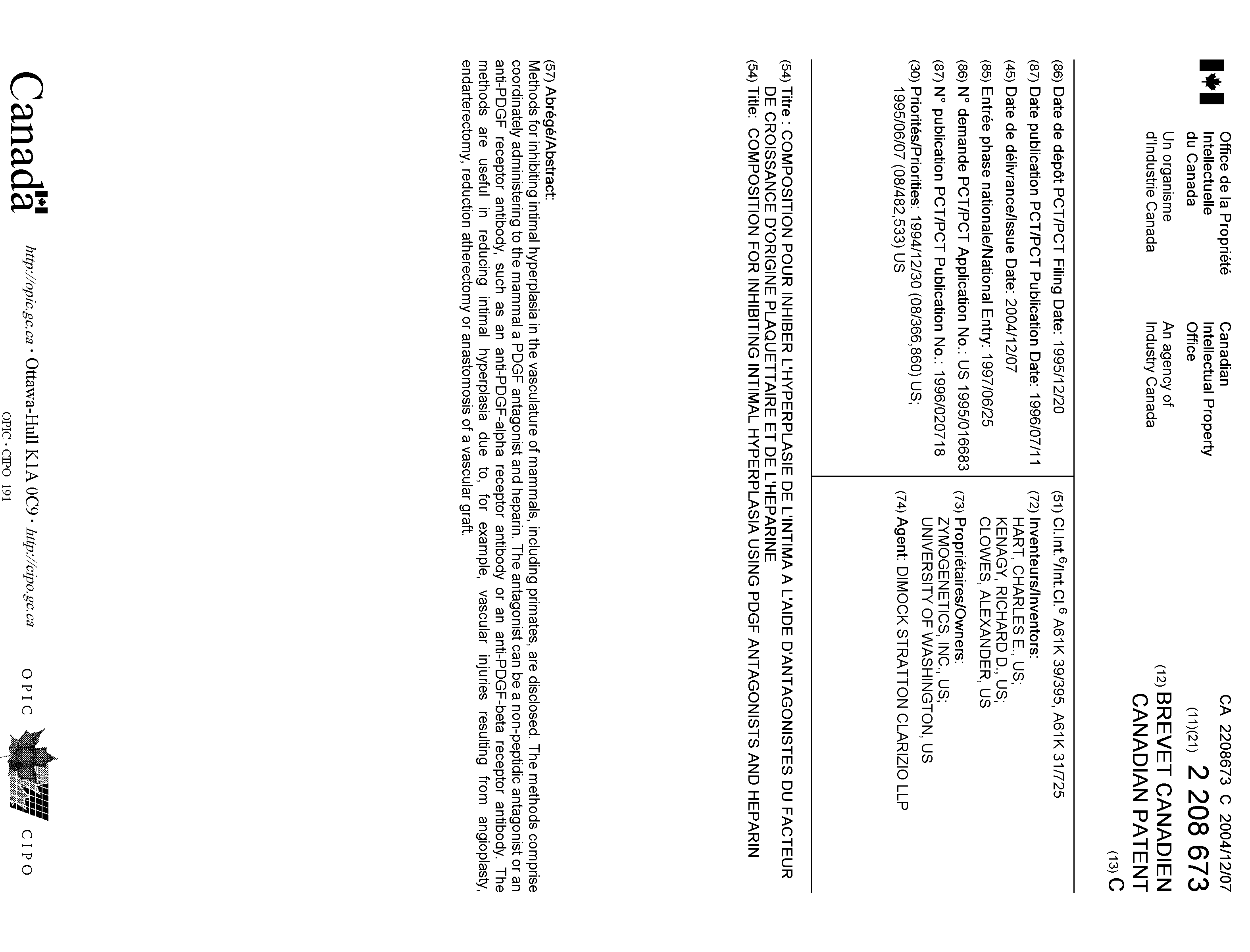 Canadian Patent Document 2208673. Cover Page 20031202. Image 1 of 1