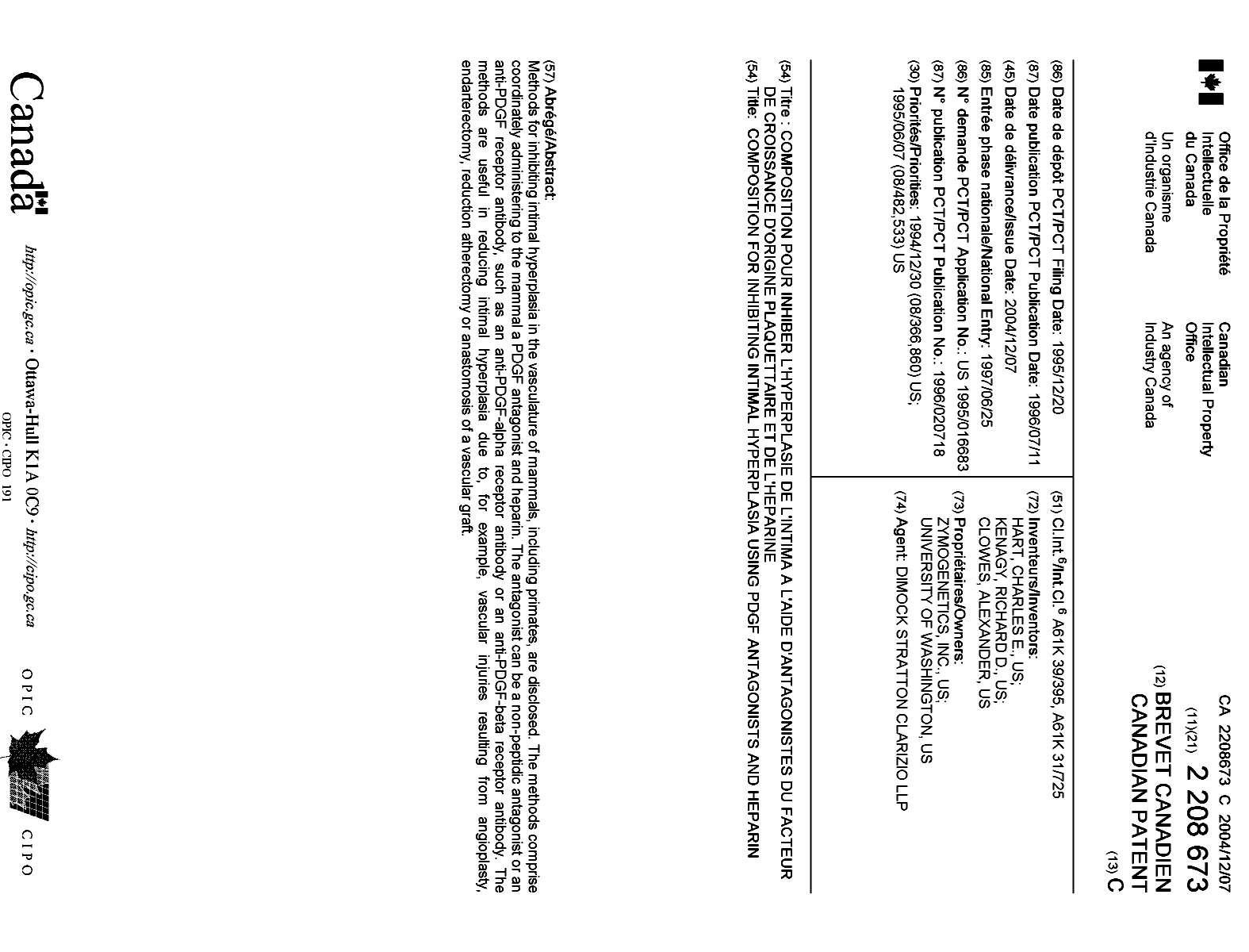 Document de brevet canadien 2208673. Page couverture 20031202. Image 1 de 1
