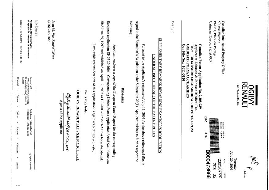 Document de brevet canadien 2208939. Poursuite-Amendment 20050720. Image 1 de 1