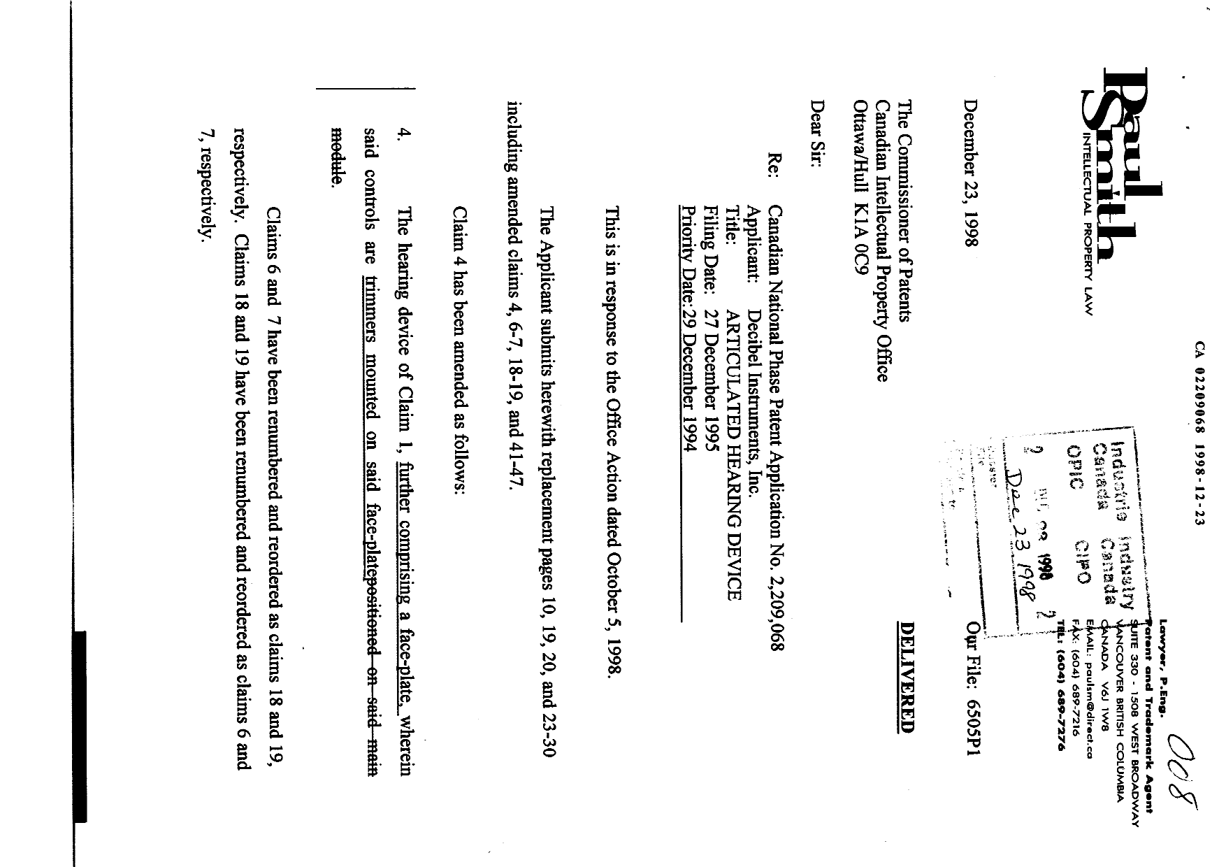 Document de brevet canadien 2209068. Poursuite-Amendment 19981223. Image 1 de 14