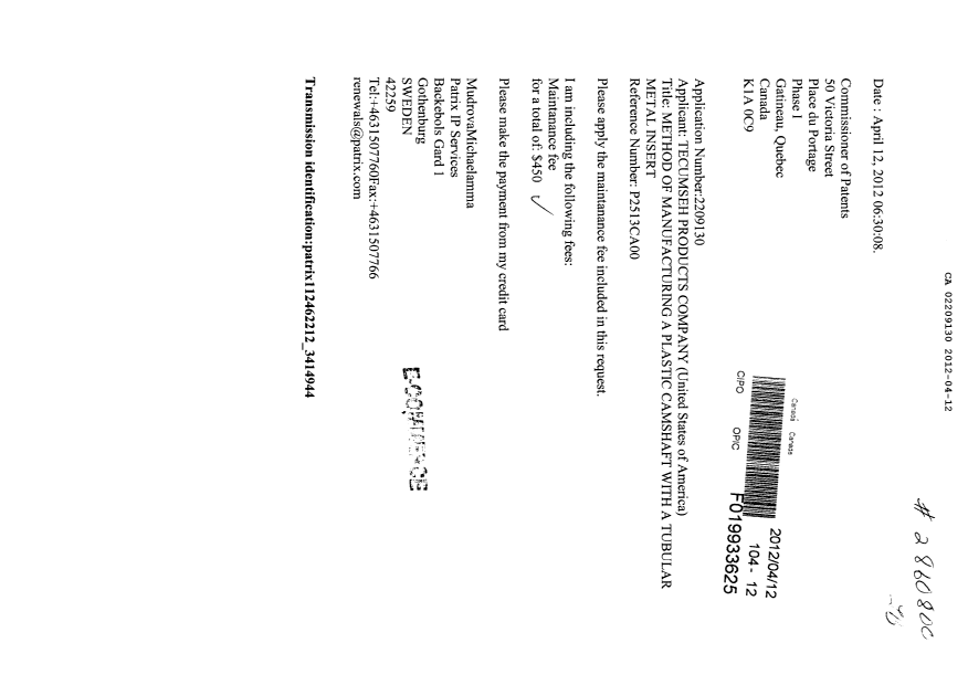 Document de brevet canadien 2209130. Taxes 20120412. Image 1 de 1