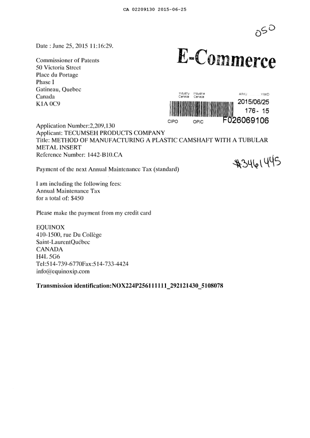Canadian Patent Document 2209130. Maintenance Fee Payment 20150625. Image 1 of 1