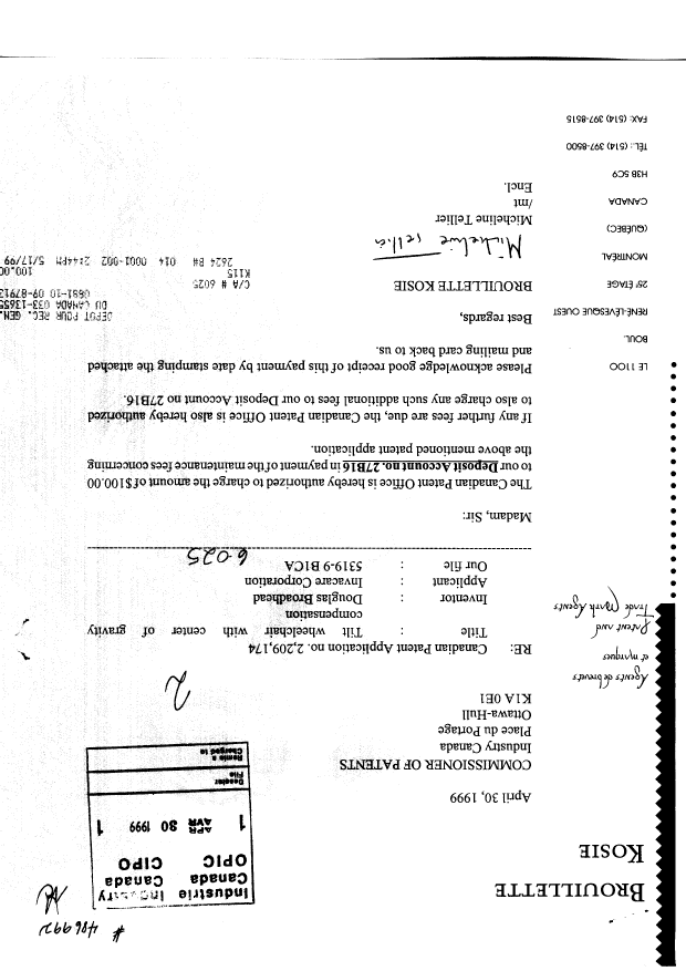 Canadian Patent Document 2209174. Fees 19990430. Image 1 of 1
