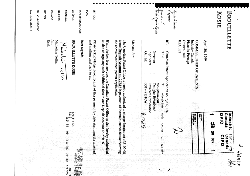 Document de brevet canadien 2209174. Taxes 19990430. Image 1 de 1