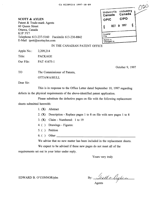 Document de brevet canadien 2209214. Correspondance 19971009. Image 1 de 16