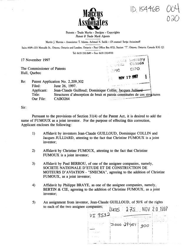 Document de brevet canadien 2209302. Cession 19971117. Image 1 de 9