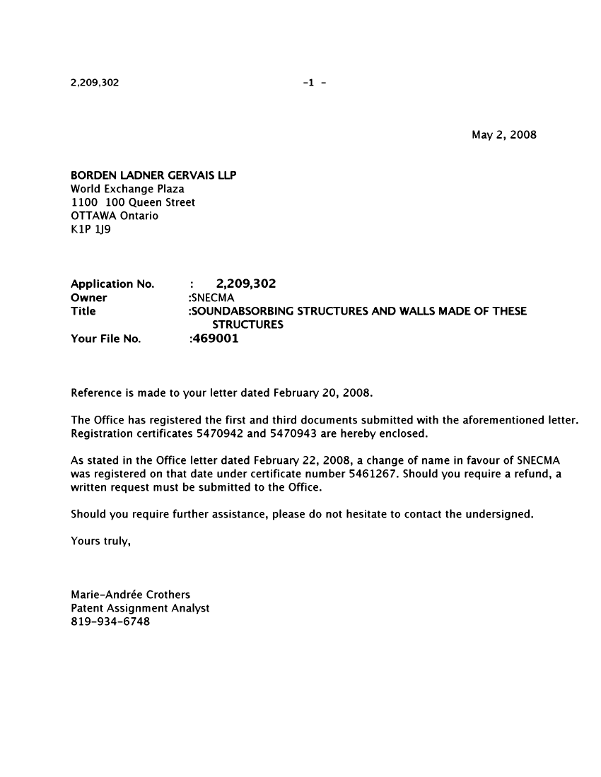 Document de brevet canadien 2209302. Correspondance 20080502. Image 1 de 1