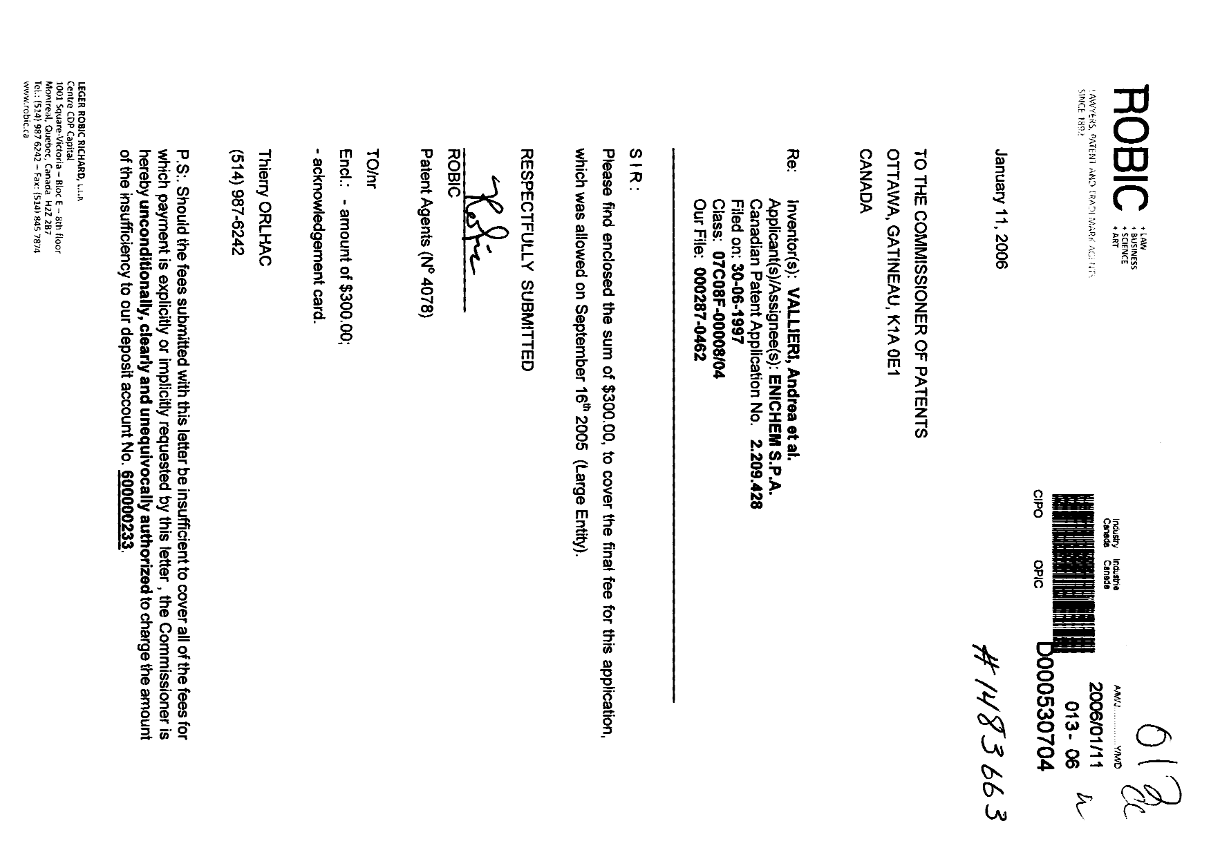 Canadian Patent Document 2209428. Correspondence 20060111. Image 1 of 1