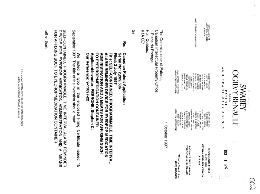 Document de brevet canadien 2209506. Correspondance 19971001. Image 1 de 3