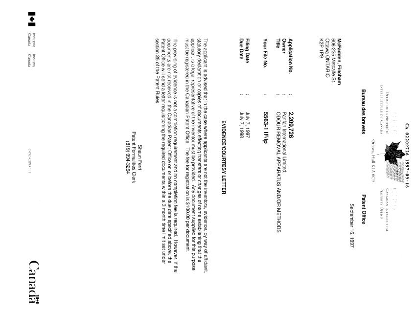 Canadian Patent Document 2209726. Correspondence 19970916. Image 1 of 1