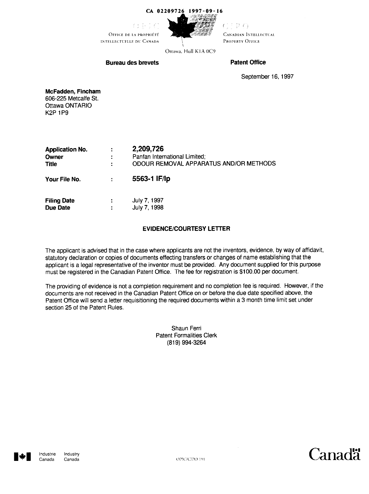 Canadian Patent Document 2209726. Correspondence 19970916. Image 1 of 1