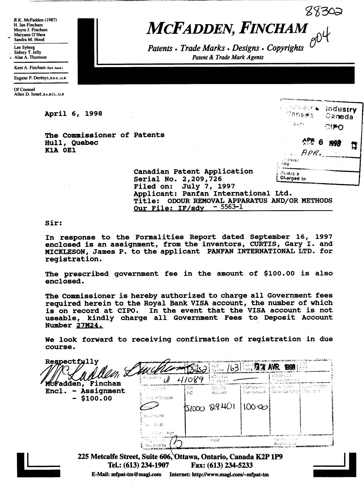 Canadian Patent Document 2209726. Assignment 19980406. Image 1 of 2