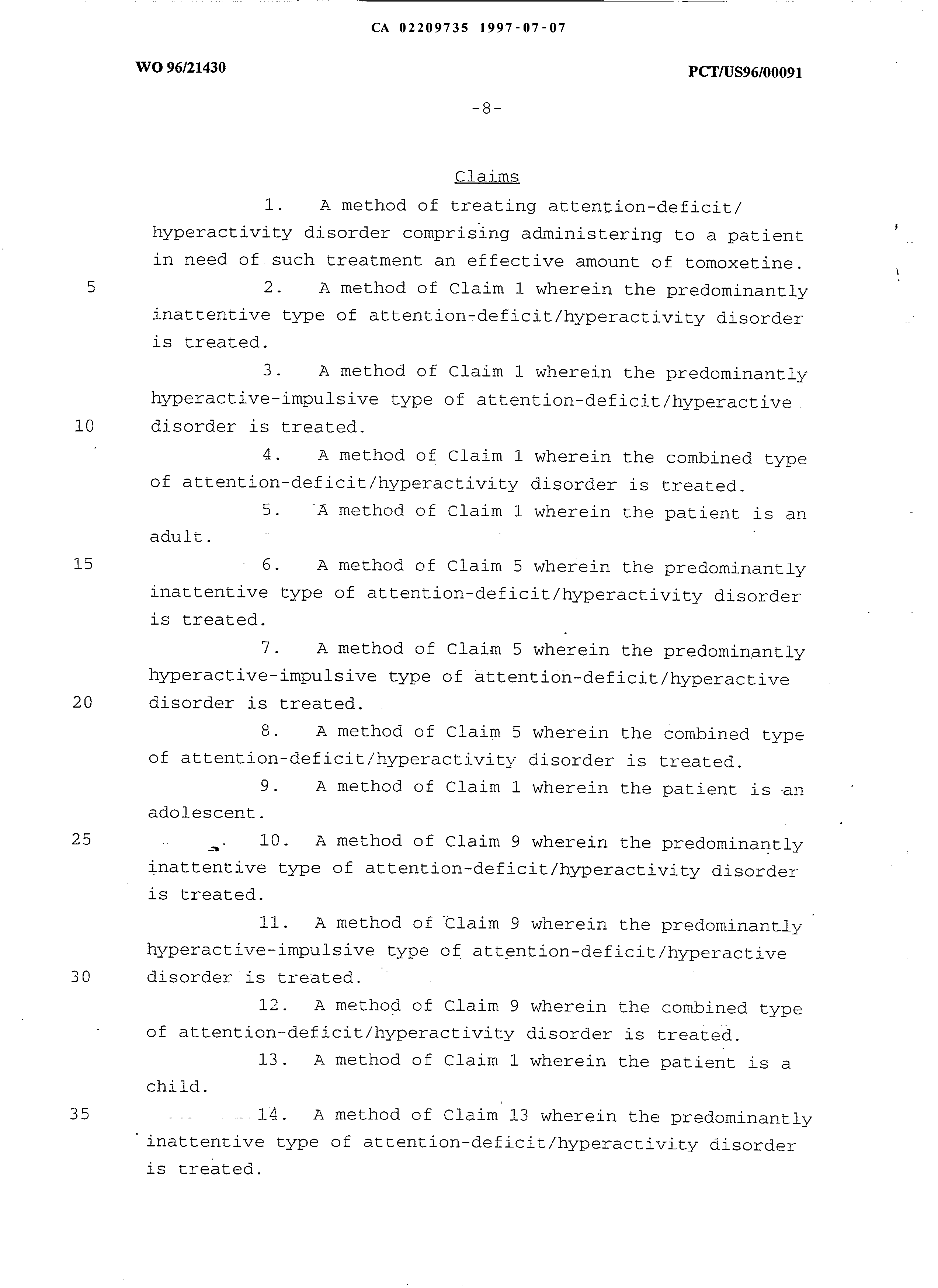 Canadian Patent Document 2209735. Claims 19961208. Image 1 of 2