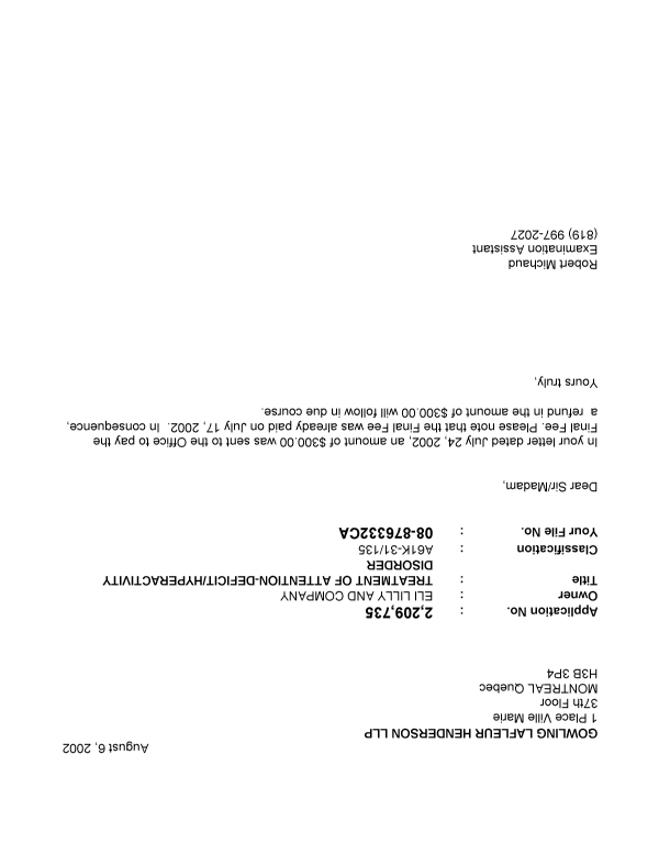 Document de brevet canadien 2209735. Correspondance 20011206. Image 1 de 1