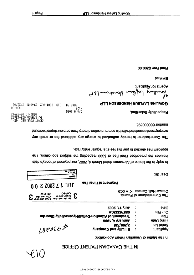 Document de brevet canadien 2209735. Correspondance 20011217. Image 1 de 1