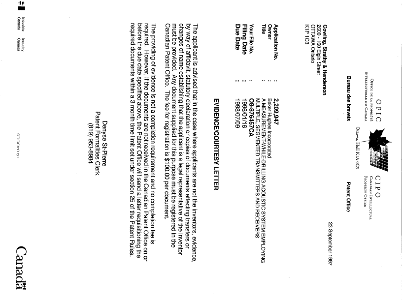 Document de brevet canadien 2209947. Correspondance 19970923. Image 1 de 1