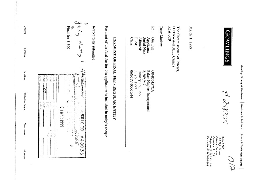 Document de brevet canadien 2209947. Correspondance 19990301. Image 1 de 1