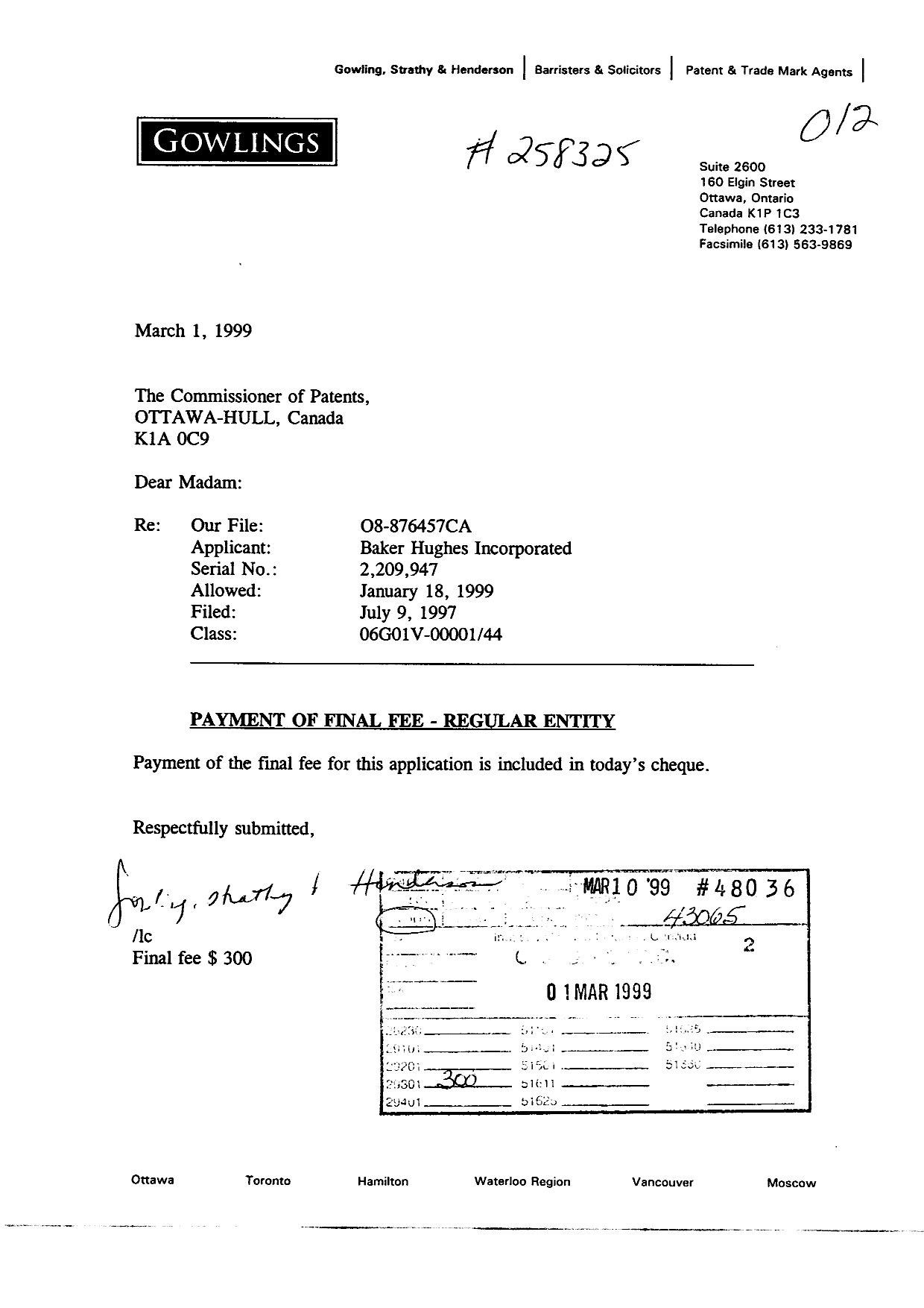 Document de brevet canadien 2209947. Correspondance 19990301. Image 1 de 1