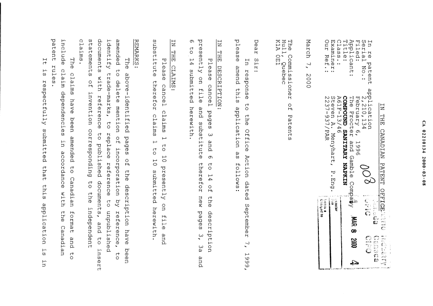 Document de brevet canadien 2210134. Poursuite-Amendment 20000308. Image 1 de 15