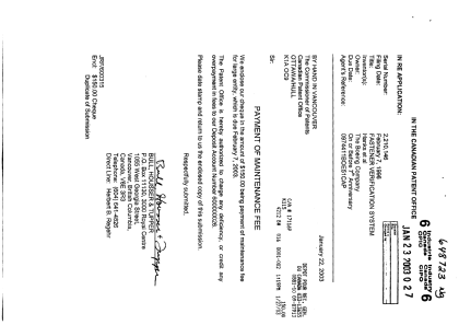 Canadian Patent Document 2210146. Fees 20030123. Image 1 of 1
